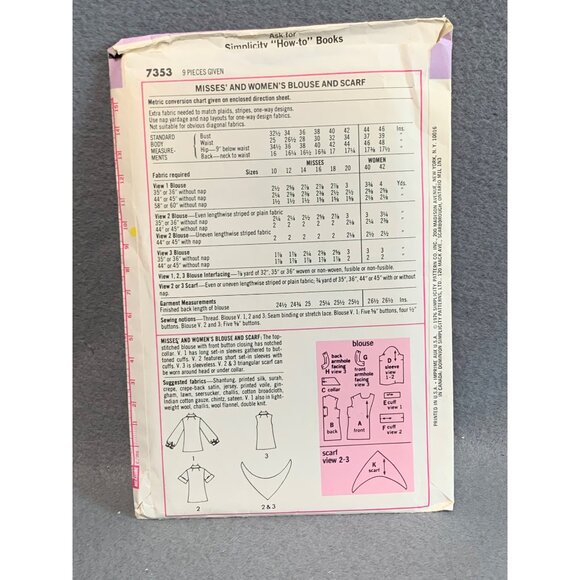Vintage Simplicity 7353 Sewing Pattern Misses' Blouse & Scarf Size 14 - Picture 2 of 2